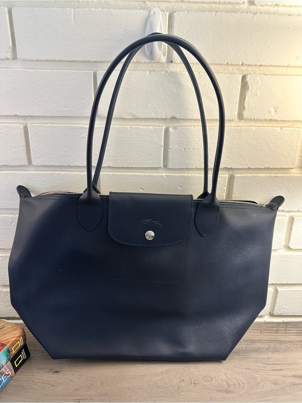 Longchamp Navy Leather Tote with Top Flap